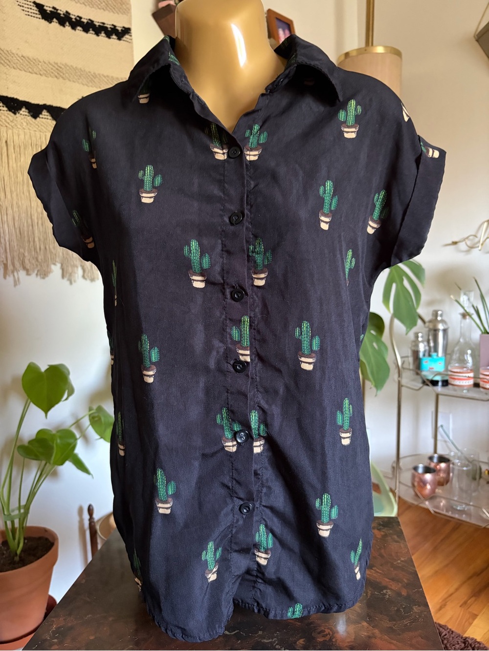 Black Button-Up Shirt with Cactus Print